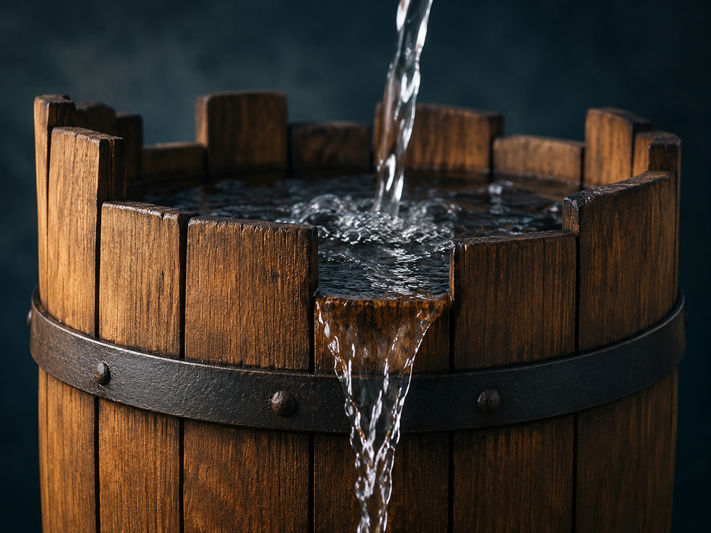 Wasser läuft über die kürzeste Planke eines Holzfasses – Metapher für Engpassorientierung Führung
