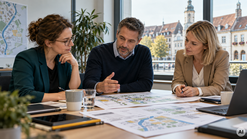 Strategische Steuerung in einer Kommune: Verwaltungsteam prüft Planungsunterlagen in einem kommunalen Verwaltungsgebäude.